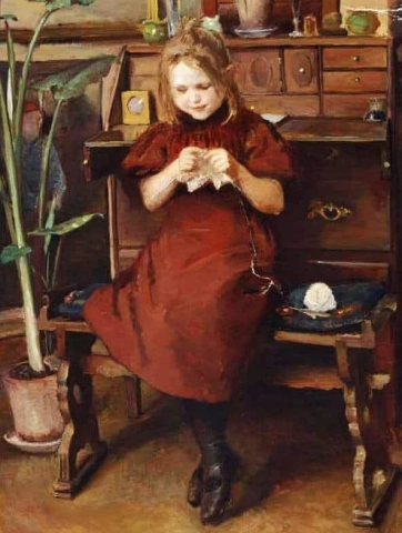 Interiør med en liten jente som strikker