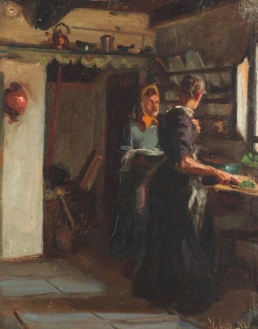 Kjøkkeninteriør med to kvinner 1880