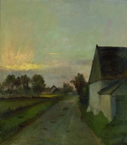 Straße am Bauernhof bei Sonnenuntergang