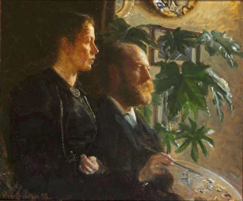 Autorretrato con paleta en mano y esposa Martha 1898