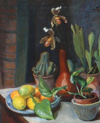 Stilleben med planter og frukt på et bord