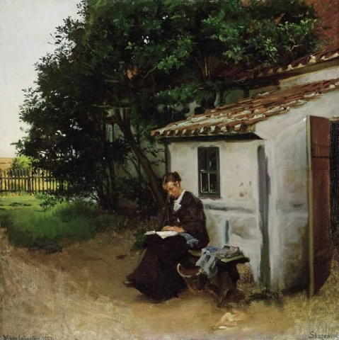Die Frau des Künstlers vor ihrem Haus in Skagen