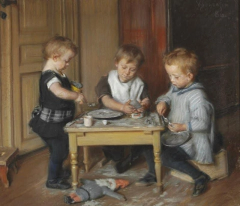 Drei Kinder des Künstlers an einem Tisch 1886