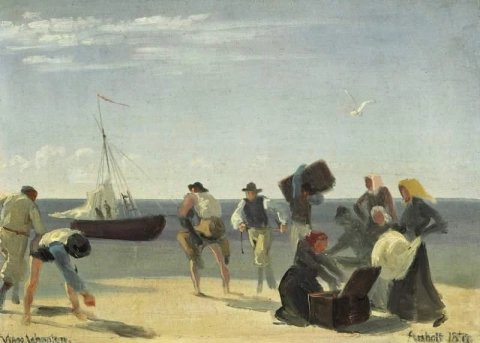 Reisende aus Anholt auf dem Weg vom Strand zu einem wartenden Segelschiff 187x