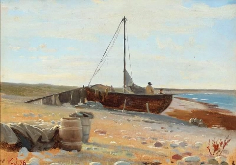 Blick auf eine Küste mit Fischern und einem Boot am Ufer, 1876