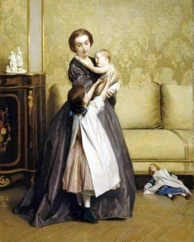 Young Mother And Her Children In A Living Room