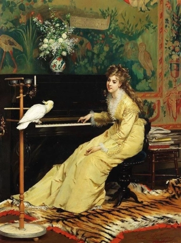 Kvinna vid pianot med kakadua 1870