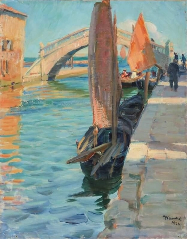 Sørlig motiv med båter sannsynligvis fra Venezia 1926