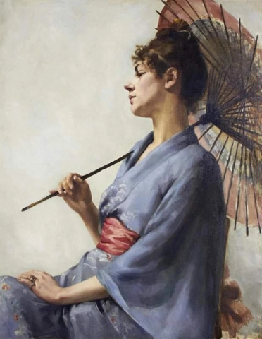 Porträt einer Frau im Kimono, die einen Sonnenschirm hält