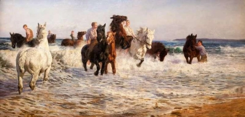 Hästar som badar i havet 1900