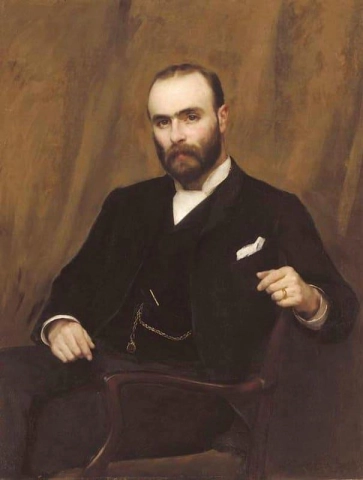 Retrato de Alexander Garthside White sentado de tres cuartos de largo con un traje negro 1889