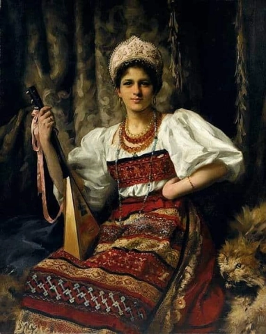Porträt von Anne im russischen Kostüm mit einer Balalaika, 1900