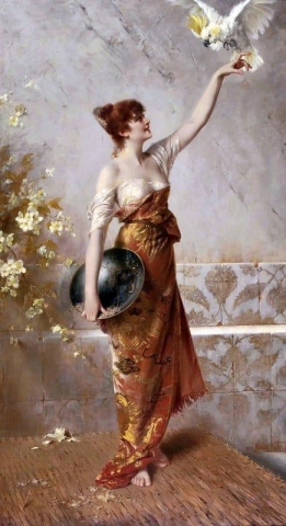 曼努埃拉站在年轻的西班牙妇女手上吸引了一只凤头鹦鹉，1884 年
