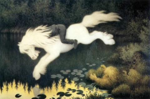 白い馬に乗った少年 ニックスを描いた馬