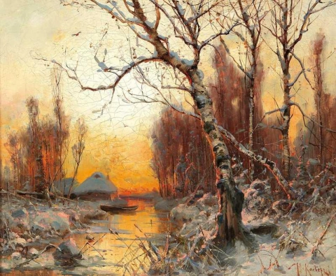 Зимний пейзаж с березой в вечернем свете