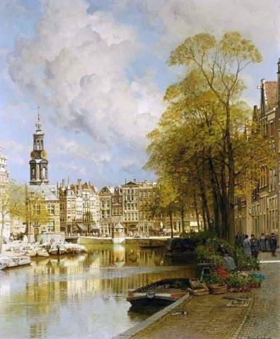 Una vista dal Singel sul Munttoren Amsterdam
