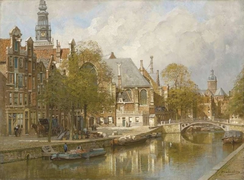 En utsikt over Oudezijds Voorburgwal med Oude Kerk og St. Nicolaaskerk Amsterdam