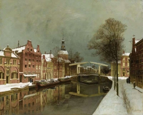 Een winters stadsgezicht Leiden