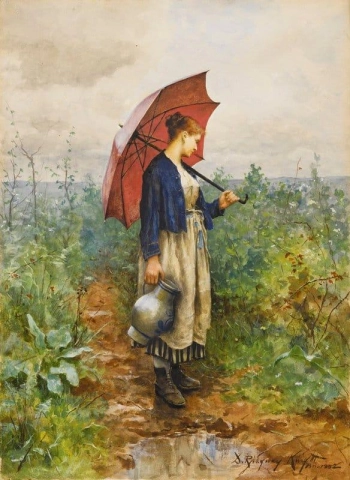 Porträtt av en kvinna med paraply som samlar vatten 1882