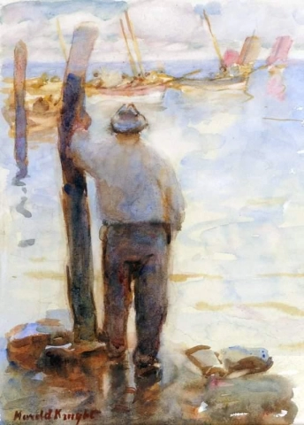 Pescador olhando para as pedras do mar e a frota pesqueira à distância