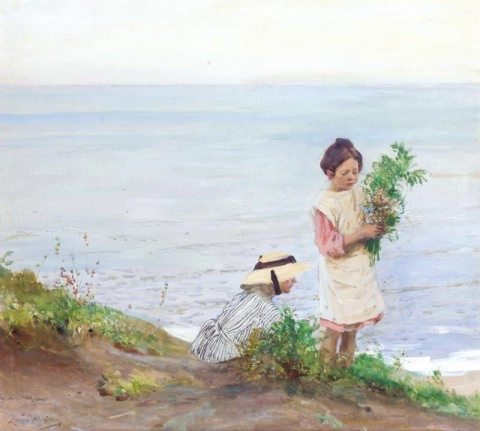 Tytöt poimimassa kukkia meren rannalta