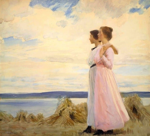 两个年轻女孩在海岸散步，约 1911 年