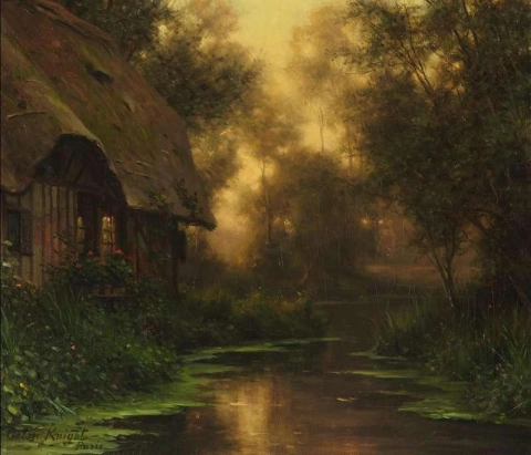 A Thatched Cottage By A Stream At Dusk