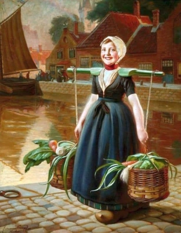 Niña holandesa sonriente llevando una cesta de verduras