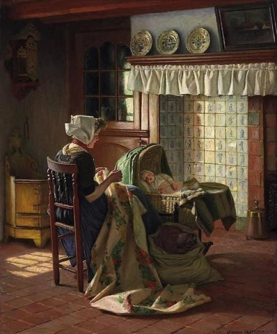 Nuori äiti kirjoo nukkuvaa lastaan kehdossa 1906