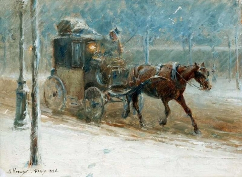 Escena del bulevar con caballo y carruaje en invierno de 1886