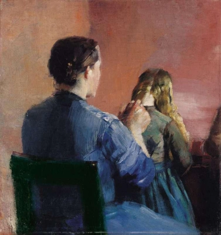 En mor som bønnfaller sin lille datters hår 1888