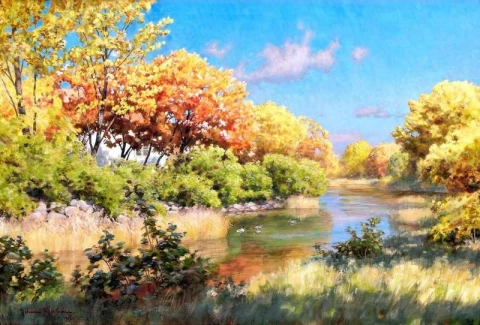 アヒルが水に入る秋の風景