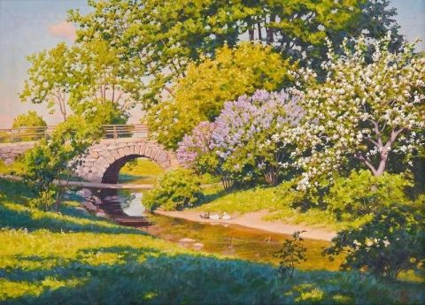Flowering Fruit Trees And Lilacs By The River