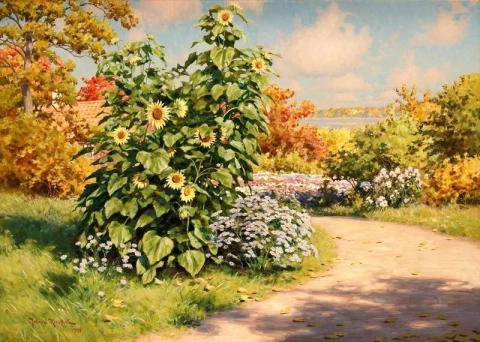 Jardim florido com girassóis