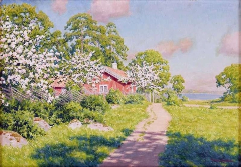 Forsommardag Med Blommande Frukttrad Vid Rod Stuga 1914 г.