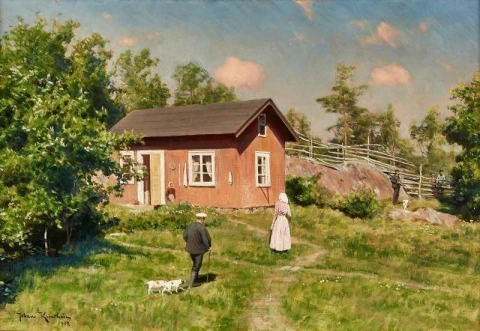 夏日风景中的红色小屋与猎人和狗