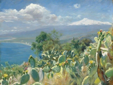 Flowering Cactus Near Taormina In The Distance A Snow-covered Etna