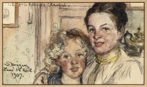 Interieur met moeder en dochter 1907