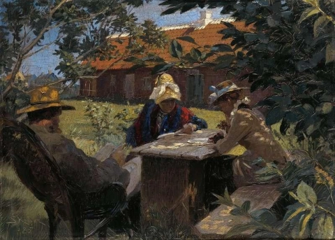 迈克尔·安彻 (Michael Ancher) 海伦·克里斯滕森 (Helene Christensen) 和安娜·安彻 (Anna Ancher) 在 Brondum 的旧花园 1885