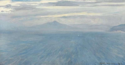 Mistige blauwe zee. Mount Vesuvius op de achtergrond