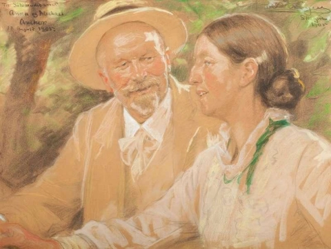Muotokuva Michaelista ja Anna Ancherista Lahja Anchersille heidän hopeahäidensä yhteydessä 1905