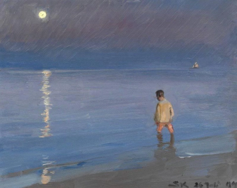 Zomeravond met maanlicht boven de zee. Op de voorgrond een peddelende jongen 1904