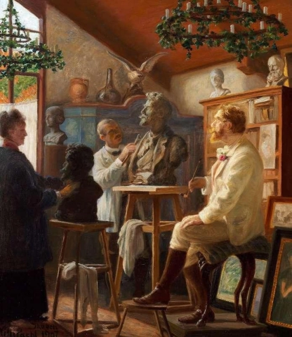 Maleren P. S. Kroyer blir modellert i studioet sitt i Skage
