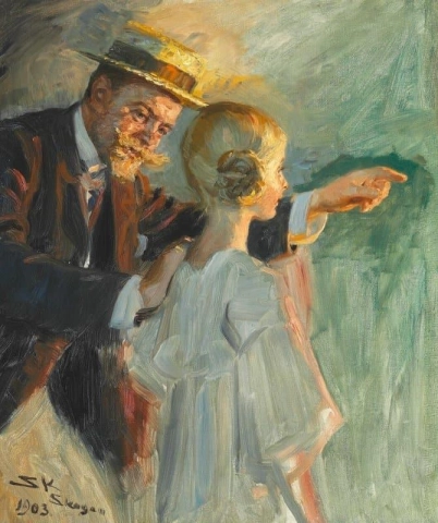 Taidemaalarin tytär Vibeke ja hänen lankonsa Valdemar Triepke nuotiolla rannalla Juhannusaatto Skagen 1903