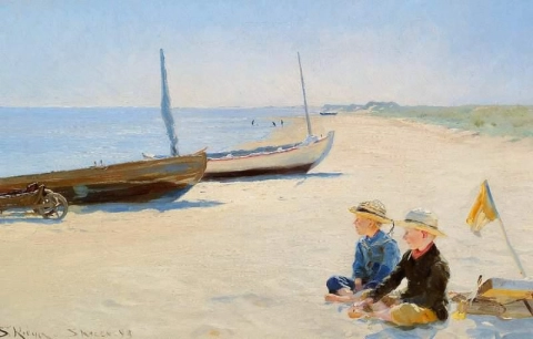 Два мальчика сидят под лучами солнца на пляже Скаген, 1893 г.