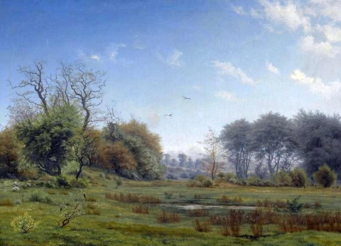 En damm i en skogsglänta med en flock rådjur 1875