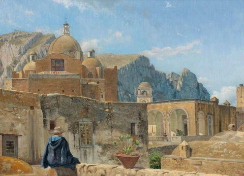 Un giovane ragazzo seduto su un muro con vista su Capri, 1850-52 circa