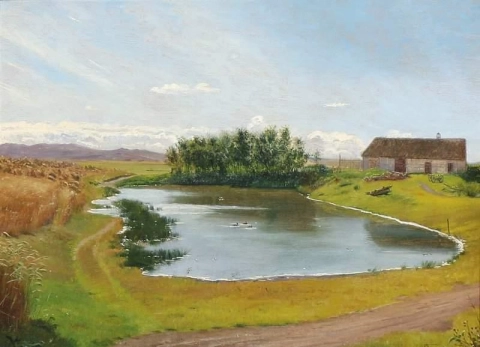paisaje con una cabaña junto a un estanque