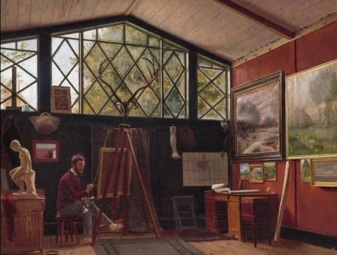 Vilhelm Kyhn seduto davanti al cavalletto nel suo studio di Copenaghen