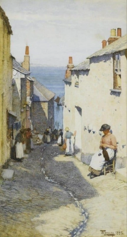 Eine Newlyn-Straßenszene aus dem Jahr 1885
